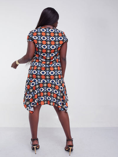 Vivo Jasiri Cap Sleeve Handkerchief Drape Knee Length Dress - Orange / Brown Print - Shop Zetu Kenya