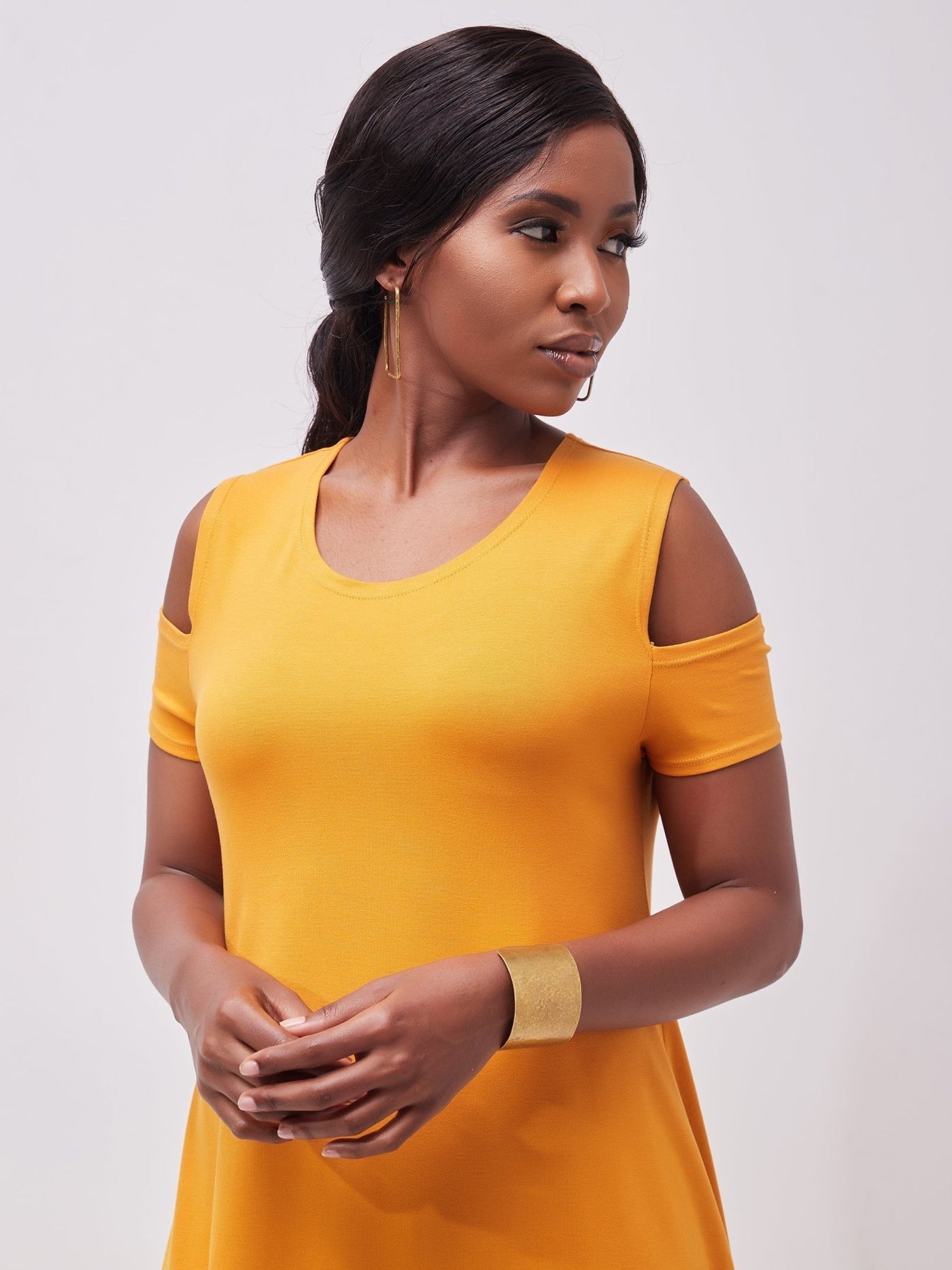 Vivo Lamu Knee Length Cold Shoulder Dress - Mustard - Shopzetu
