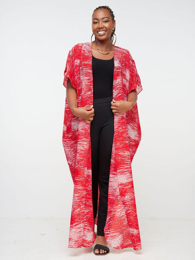 Vivo Mistari Dolman Maxi Kimono - Red / White Abstract Print - Shop Zetu Kenya