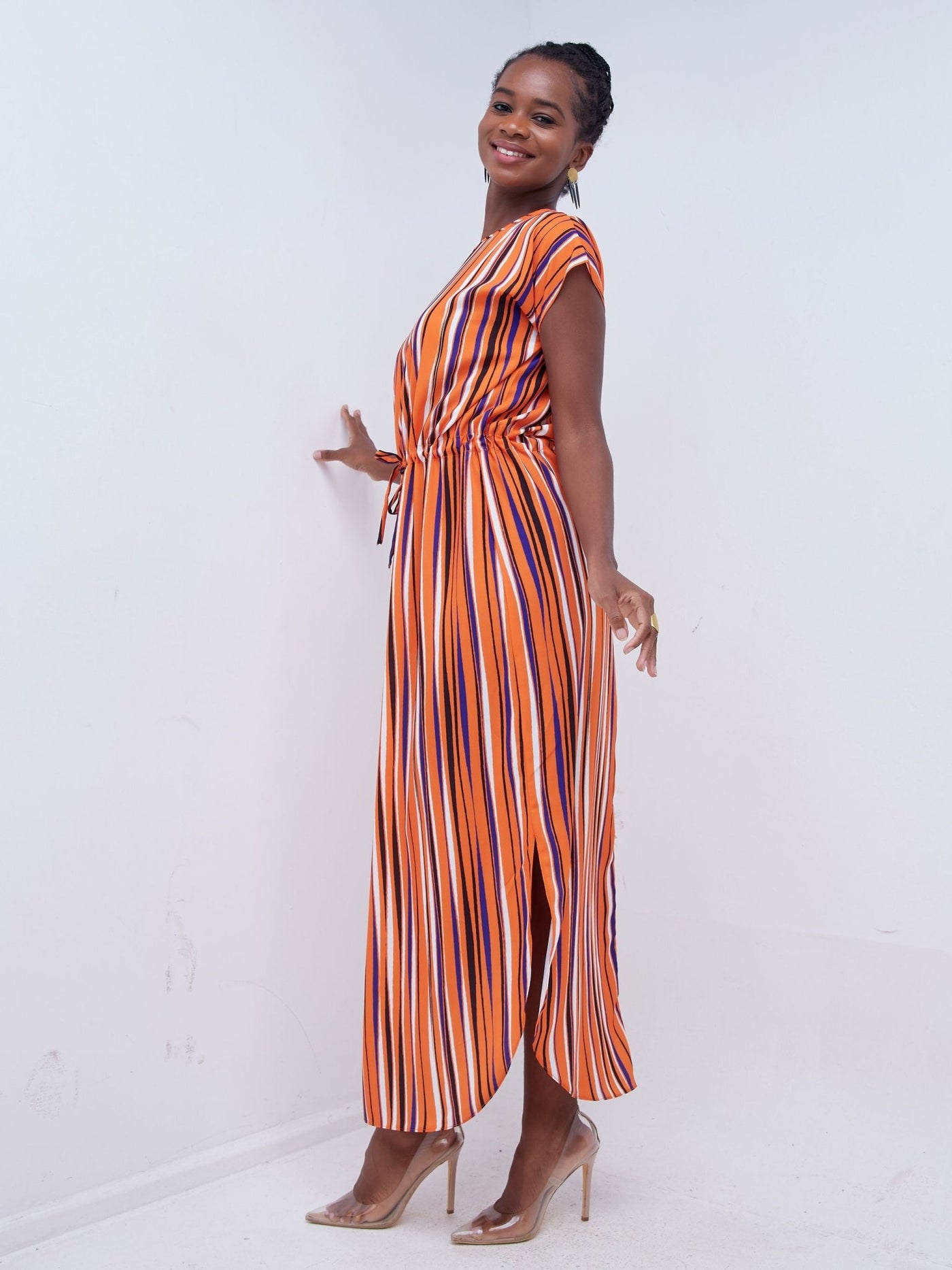 Vivo Mistari Drop Shoulder Scalloped Hem Maxi dress - Orange / Black Striped Print - Shop Zetu Kenya
