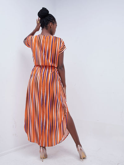 Vivo Mistari Drop Shoulder Scalloped Hem Maxi dress - Orange / Black Striped Print - Shop Zetu Kenya