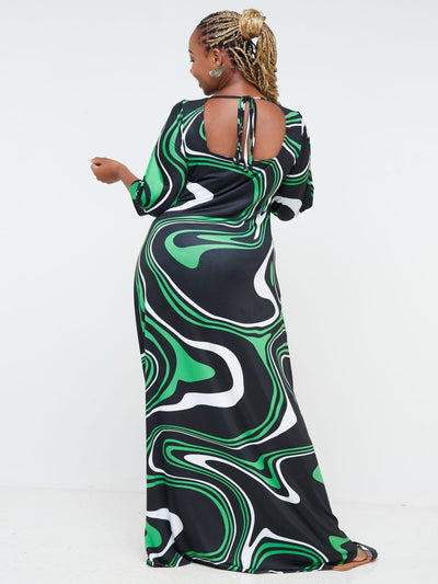 Vivo Nana Square Neck Maxi Dress - Black / Green Abstract Print - Shop Zetu Kenya