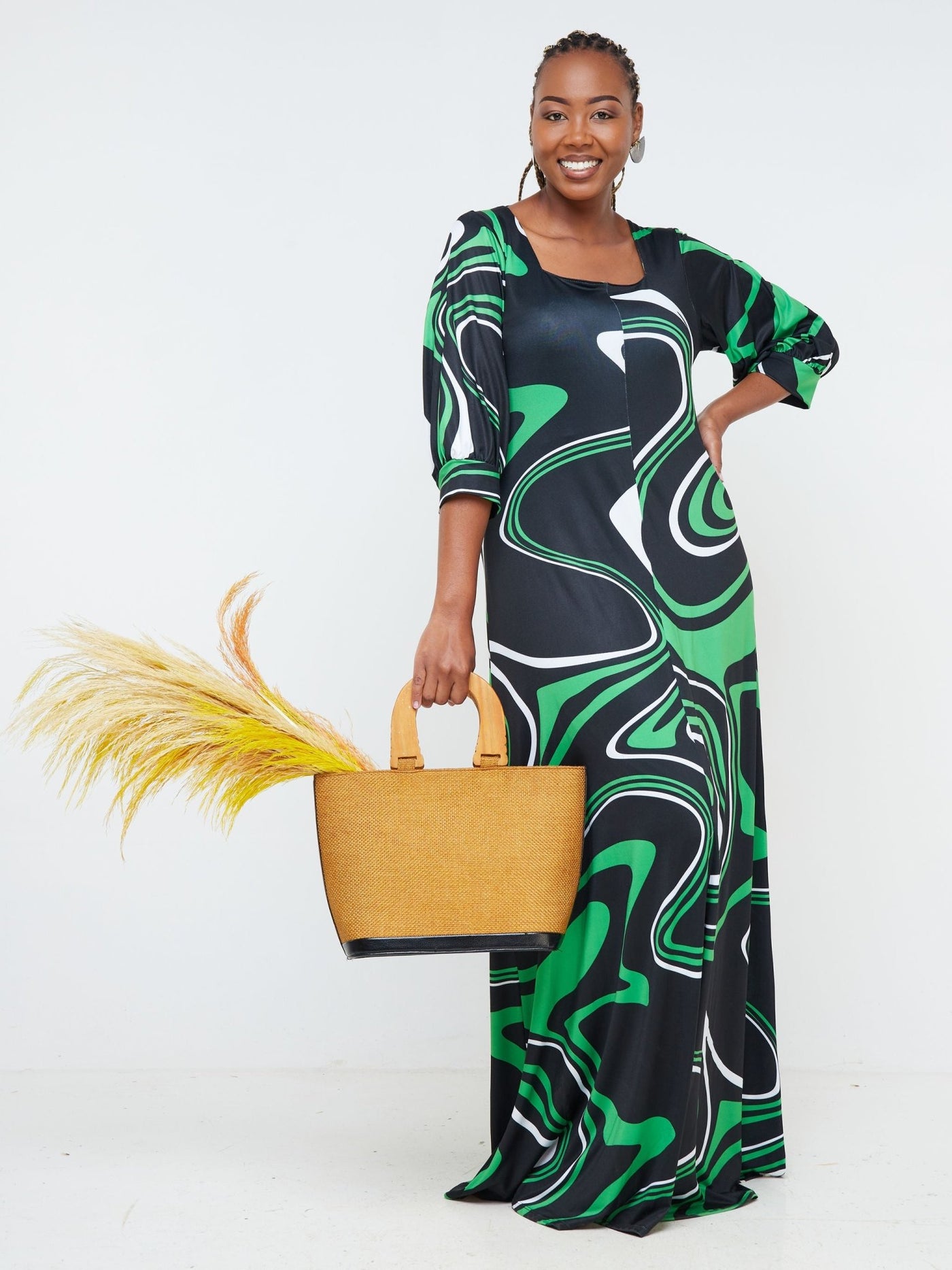 Vivo Nana Square Neck Maxi Dress - Black / Green Abstract Print - Shop Zetu Kenya