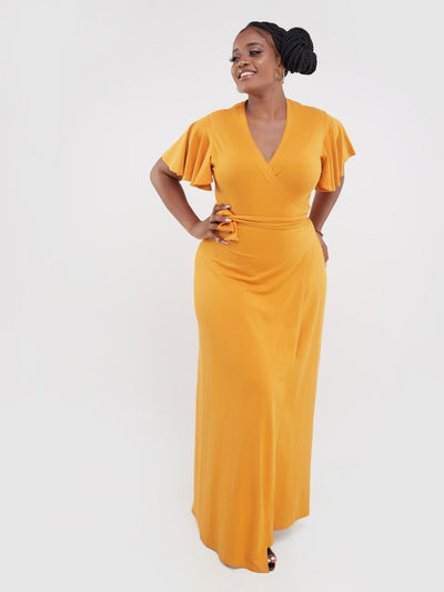 Vivo Ruwa Flounce Sleeve Wrap Jersey Maxi Dress - Mustard - Shopzetu