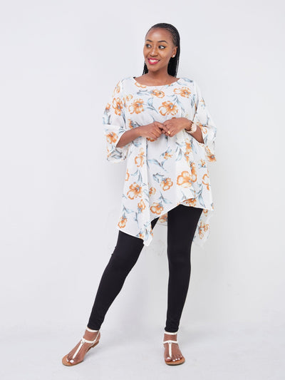 Vivo Sana Asymmetrical Angel Sleeve Top - White / Rust Floral Print - Shop Zetu Kenya