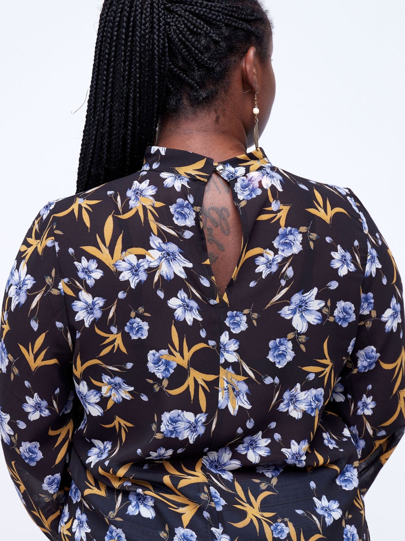 Vivo Tana Mock Neck Bishop Sleeve Top - Black Floral Print - Shopzetu