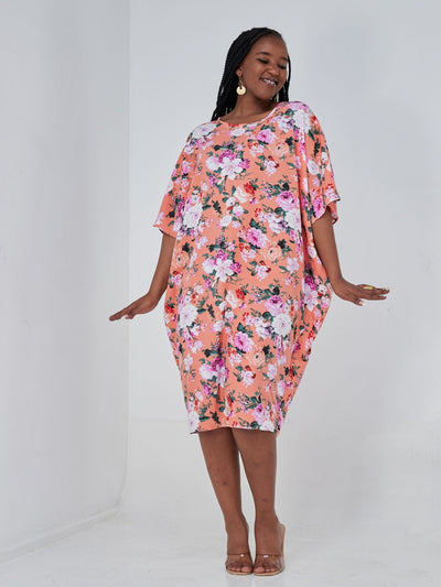 Vivo Thando Dolman Knee Length Dress - Pink Floral Print - Shop Zetu Kenya