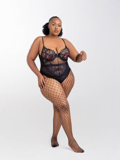 Intimates Kenya Chic Kissable Black Sheer Mesh Backless Bodysuit With Underwire and Fishnets - Black - Shopzetu