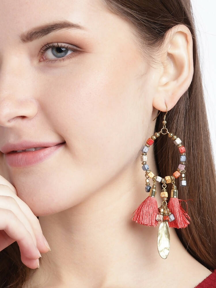 Slaks World Fashion Bead Tassel Drop Earrings - Red / Gold - Shopzetu