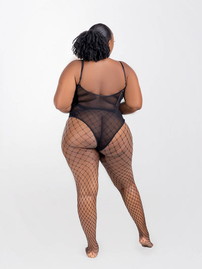 Intimates Kenya Chic Kissable Black Sheer Mesh Backless Bodysuit With Underwire and Fishnets - Black - Shopzetu