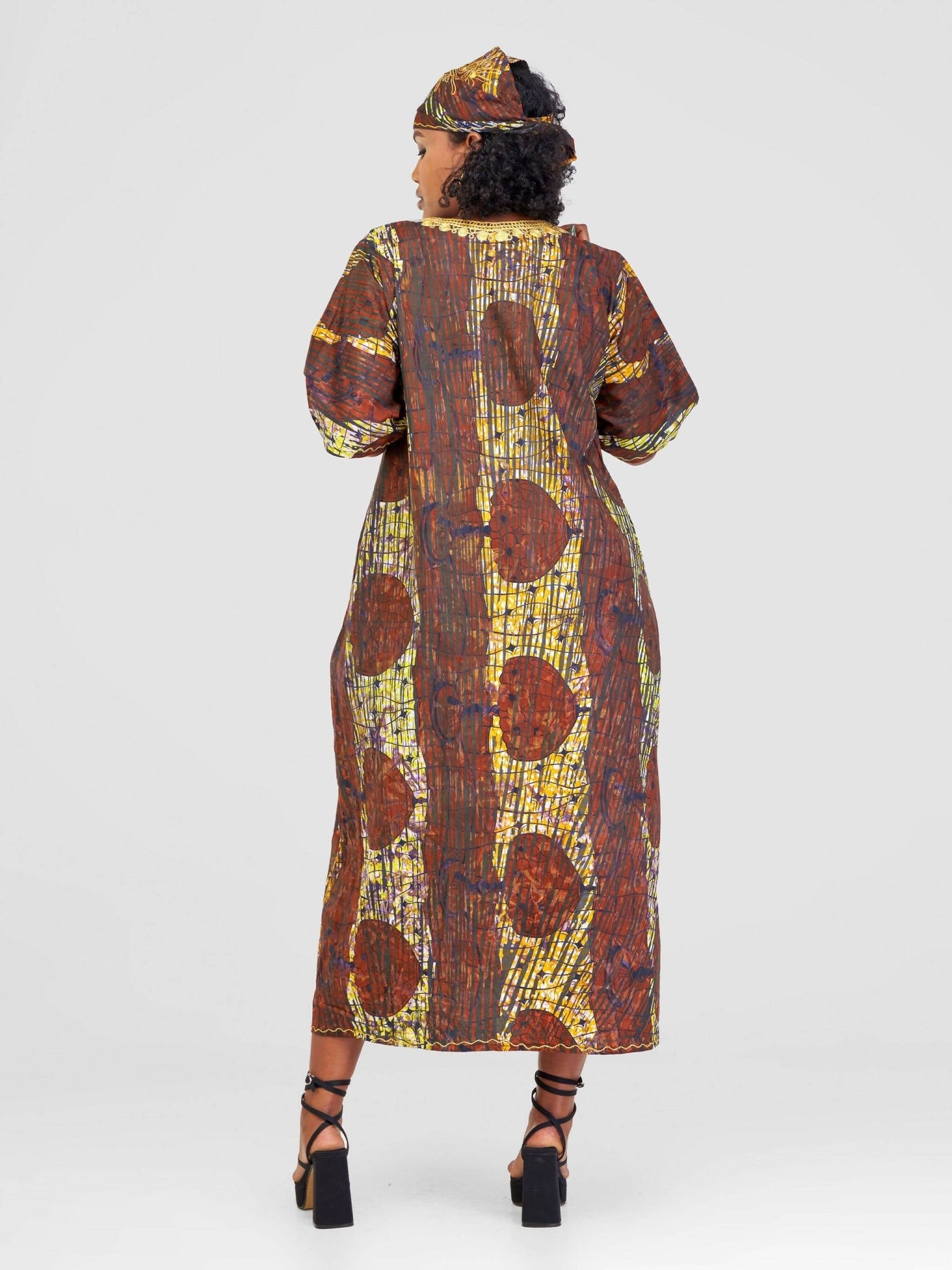 PrettyGline Ankara Embroidered Dress - Mustard / Brown - Shopzetu