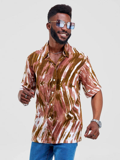 Vazi Afriq Tie & Dye Normal Collar Shirt - Green / Brown - Shopzetu