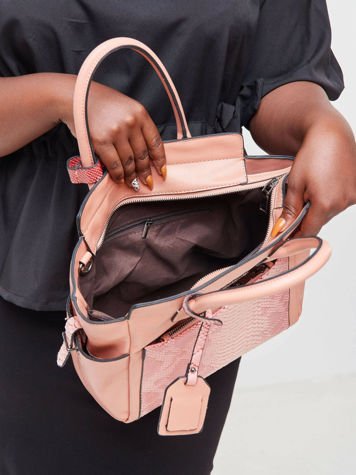 The Fashion Frenzy Snake Skin Handbag Bag - Beige - Shopzetu