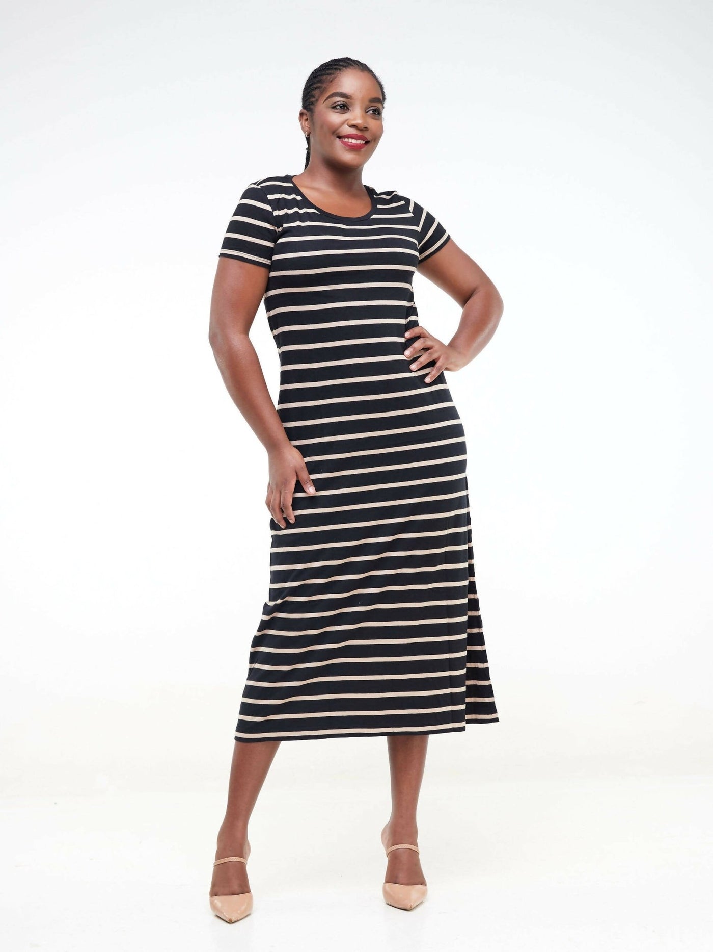 Hessed Sleeved Midi Striped Dress - Brown - Shopzetu