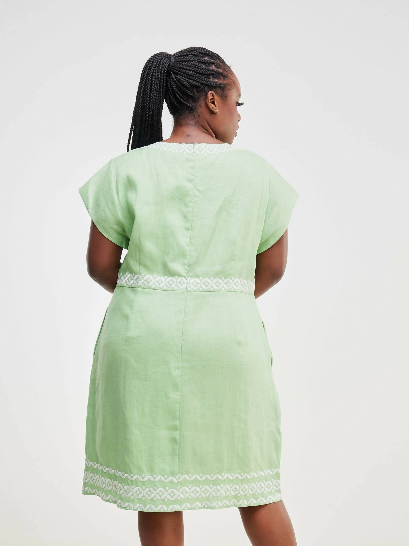 Valuespot Linen Blend Dress with Embroidery - Green - Shopzetu