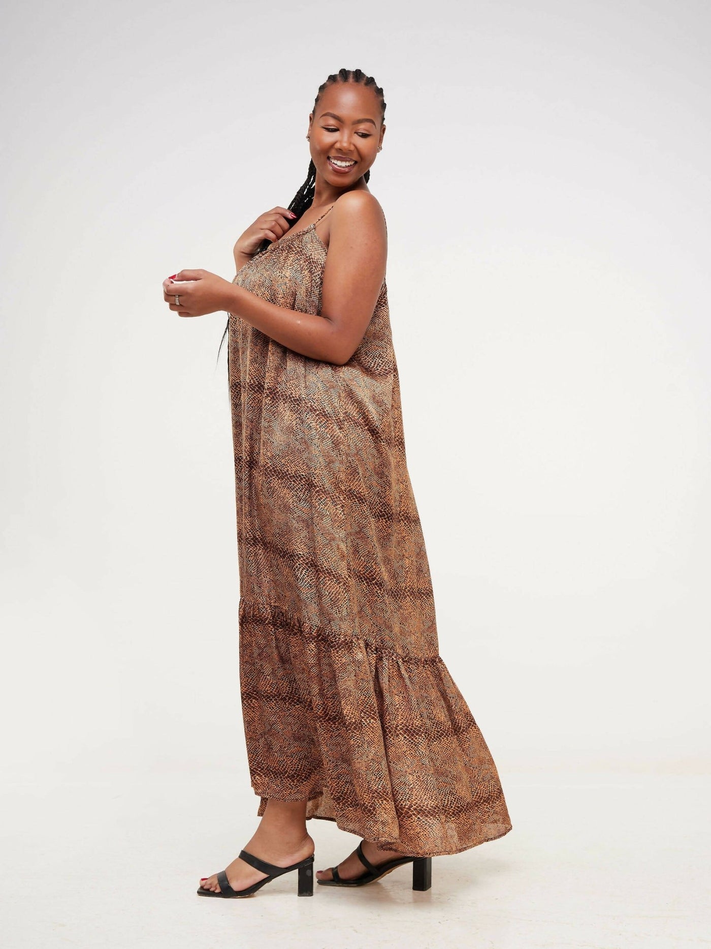 Fauza Design Safari Silk Maxi Dress - Brown - Shopzetu