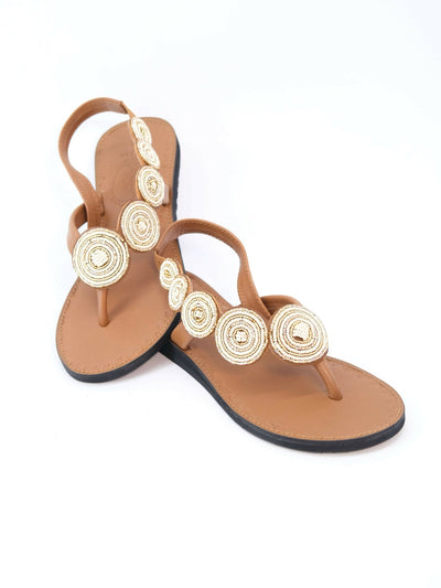 Azu's Beaded Backstrap Sandals - Cream / Gold - Shopzetu