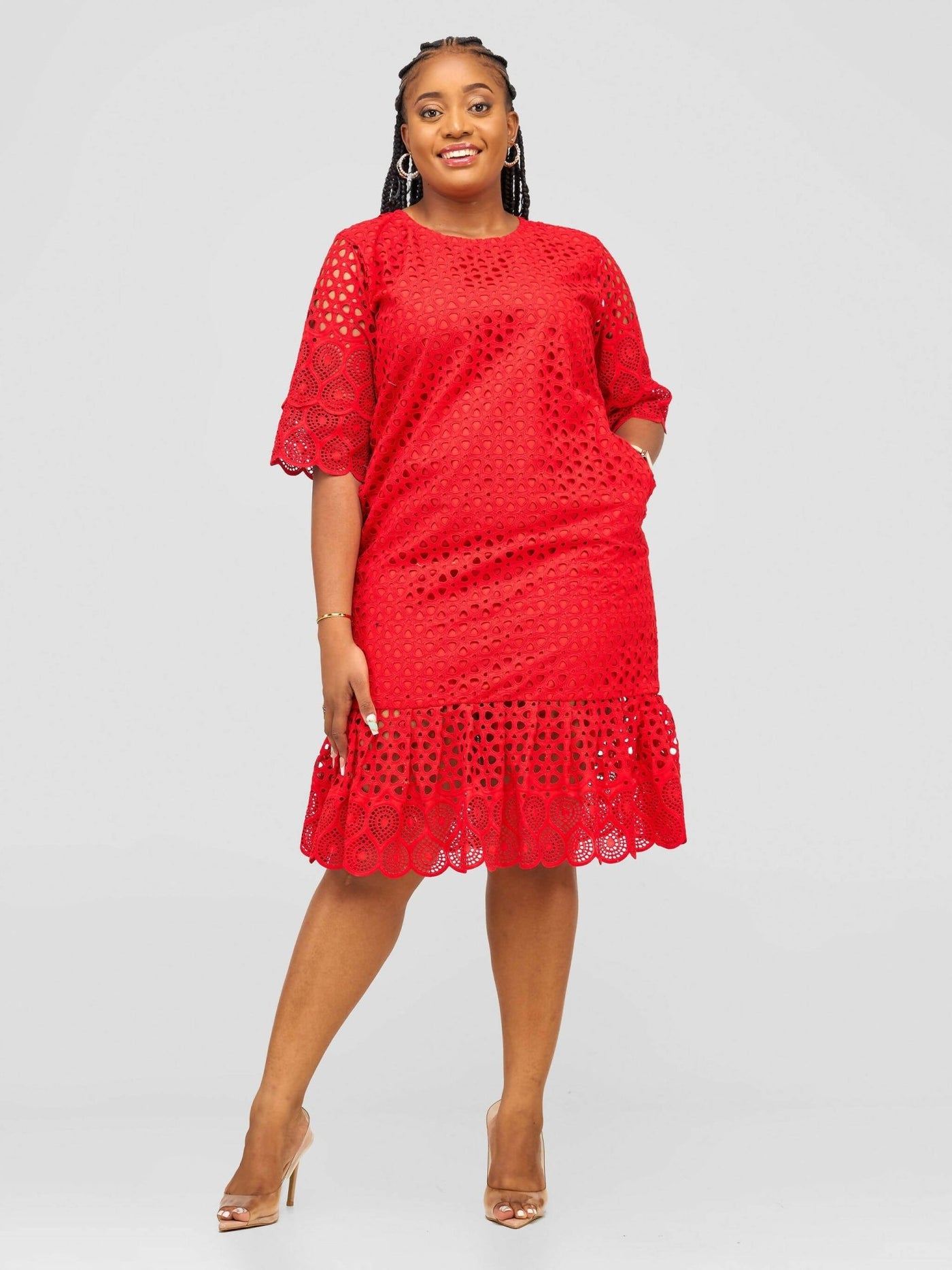 Afafla Knee Founce Dress - Red - Shopzetu